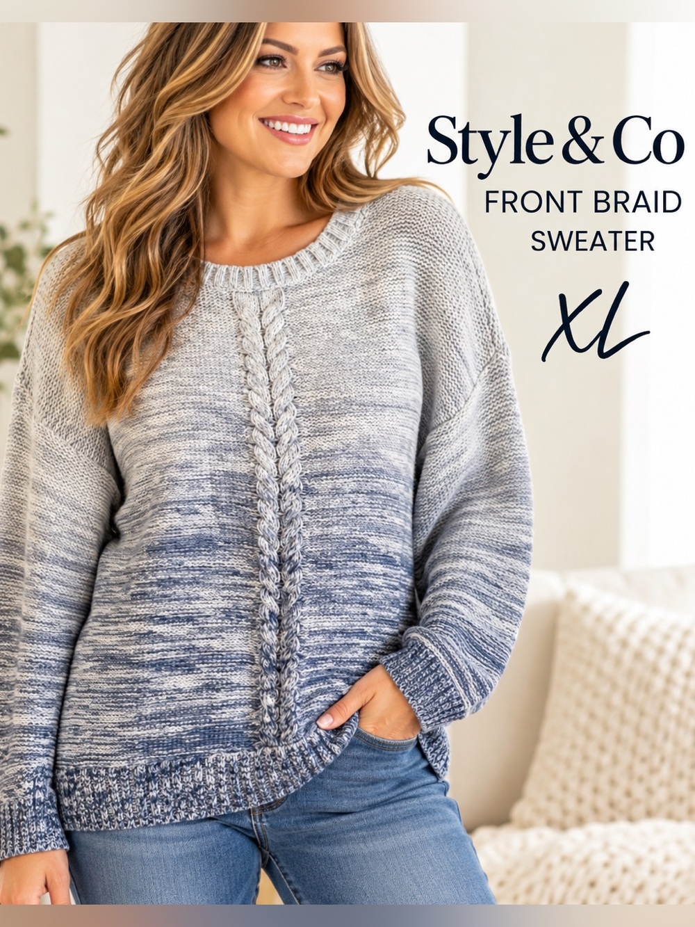 Style & Co Women’s XL Ombre Gradient Front Braid Cable Knit Sweater Gray Blue